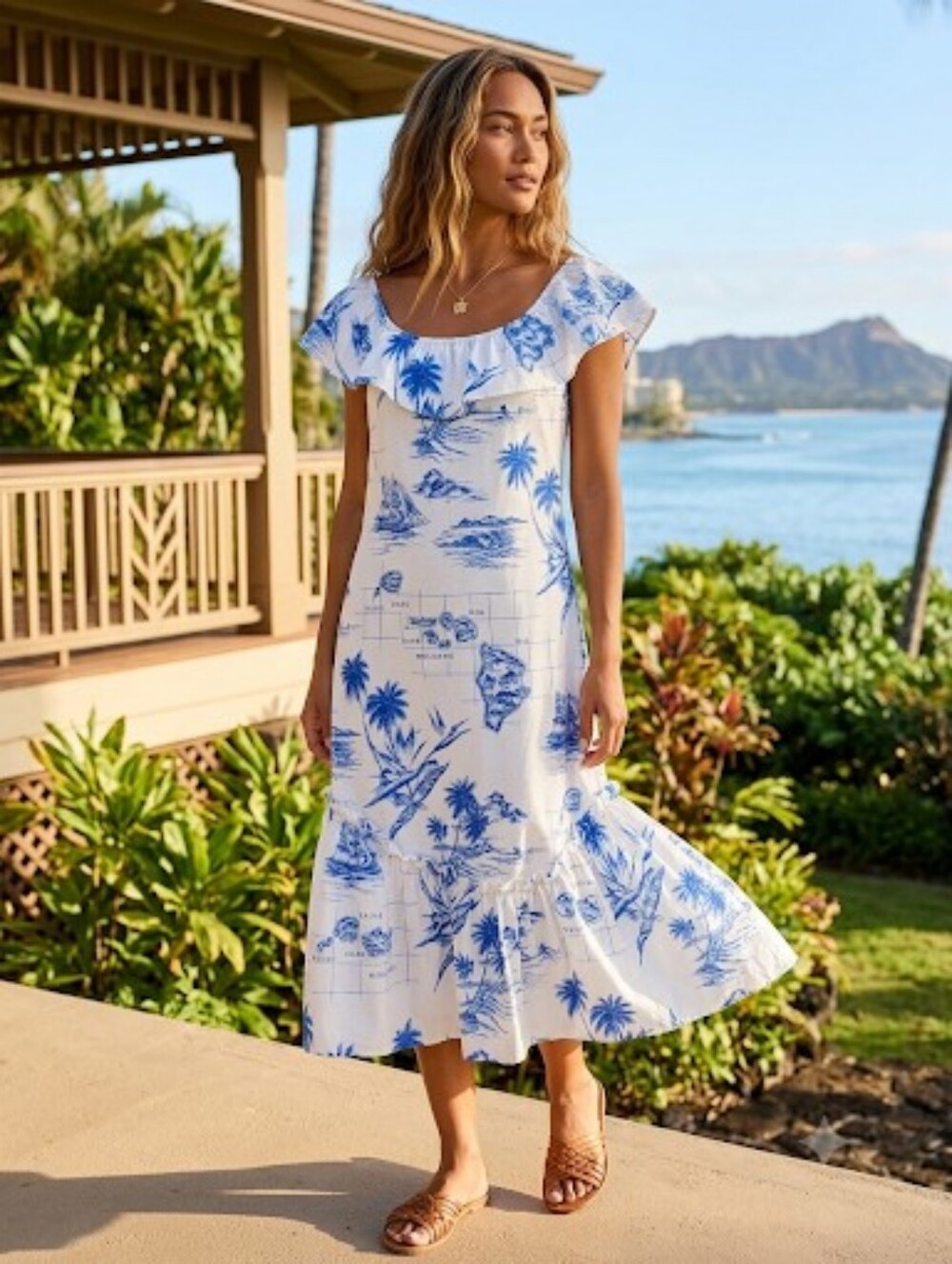 VTGKole Kole Hawaiian Muumuu Dress L Blue White Island Map Print Off Shoulder